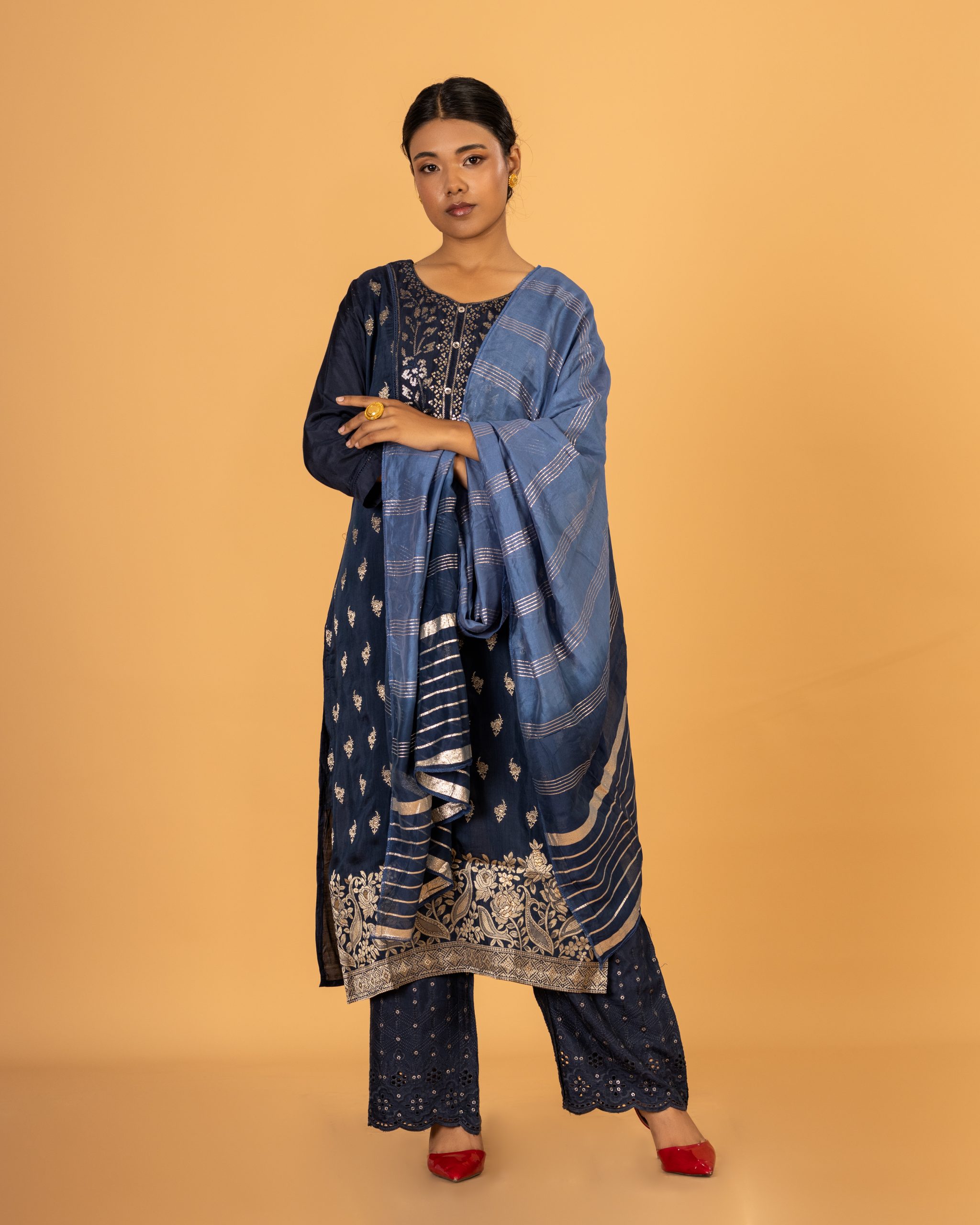 Navy Blue Kurtha with Floral Shawl